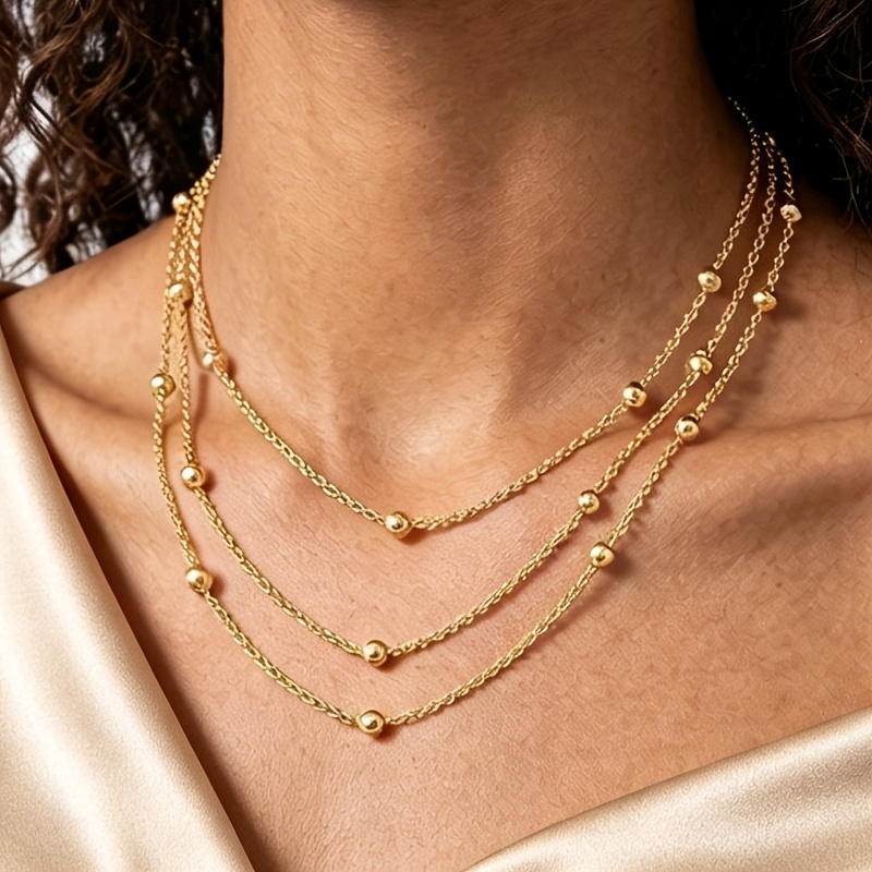 Women's 3-Layer Stackable Bead Necklace, 18K Golden Plated